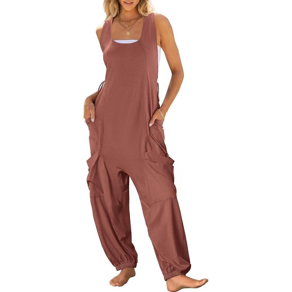 Women Caramel Overall Jumpsuit Loose Casual Dressy Sleeveless Baggy Harem Romper